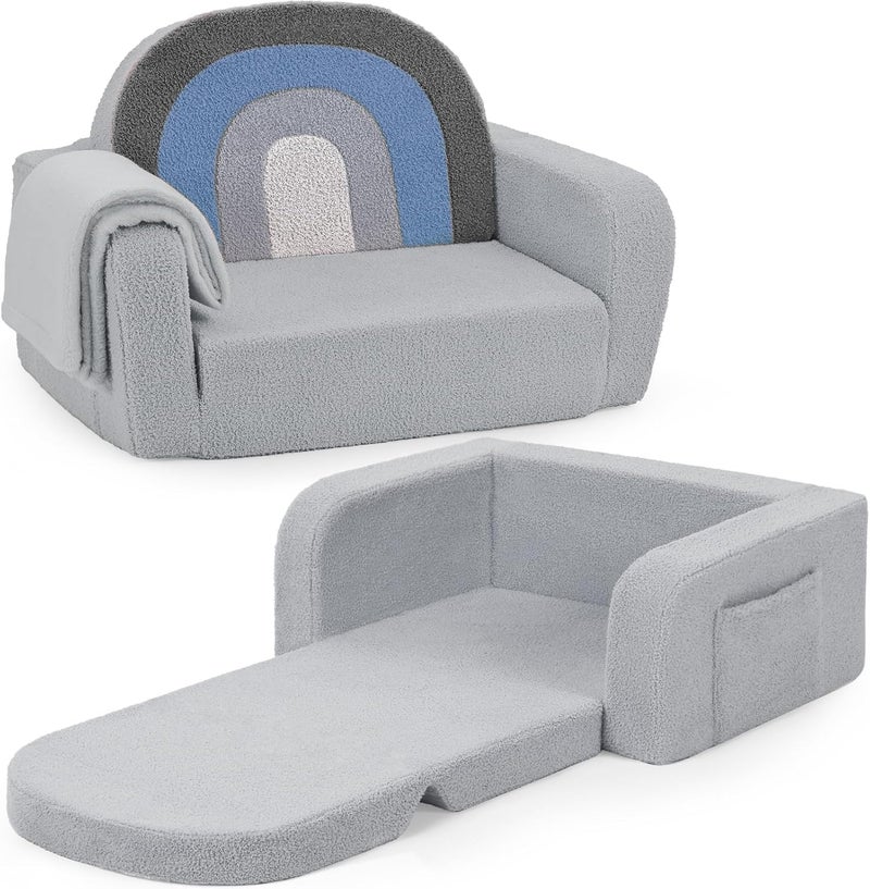 Foryoomi Kids Couch, 2-in-1 Soft Toddler Couch Fold Out with Blanket, Comfy Toddler Chair, Convertible Sofa, Gifts for Kids Girl Boys, Medium Blue Rainbow - Image 1
